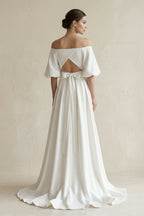 Robe de mariée blanche trapèze en satin à épaules dénudées manches courtes - Harana