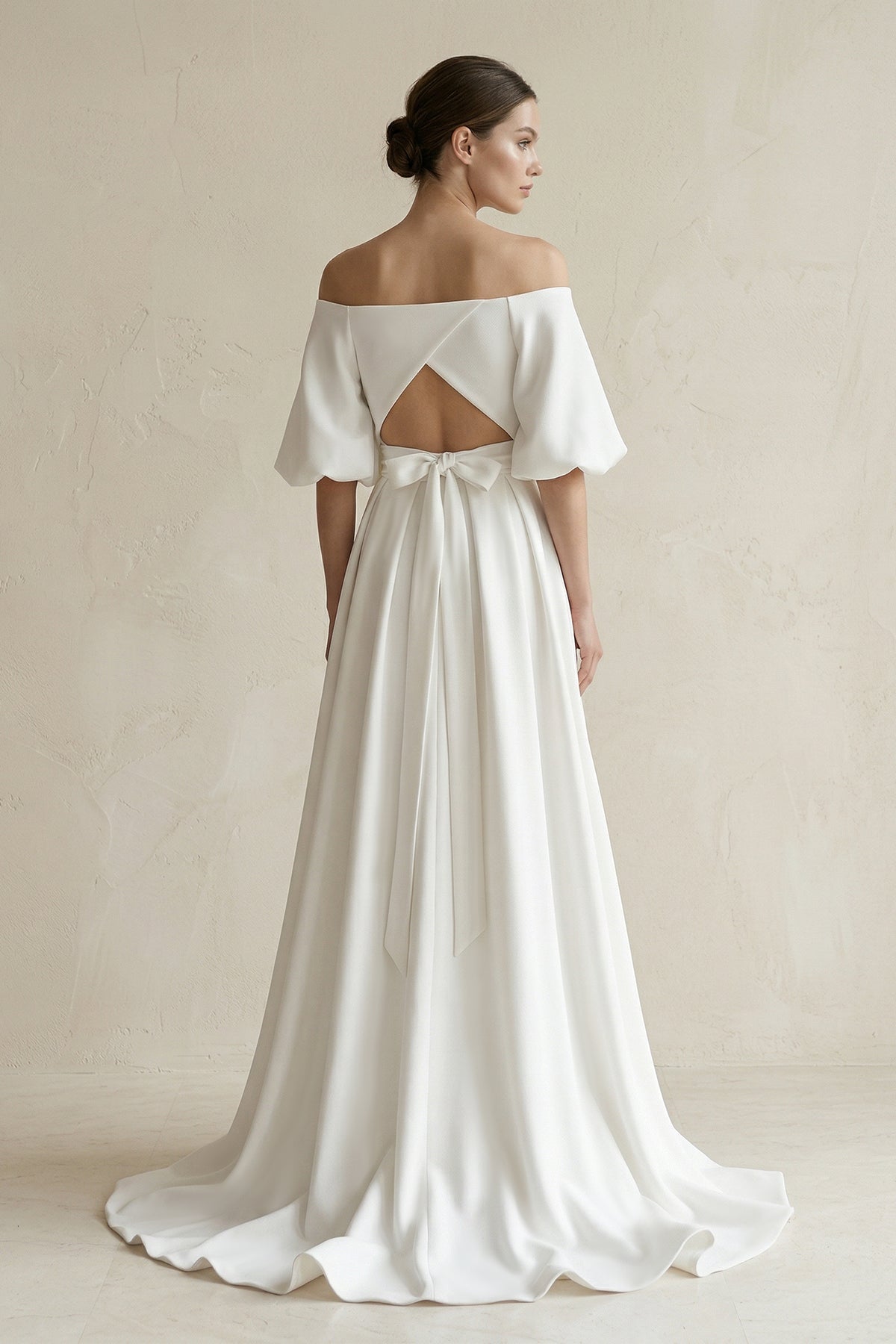 Robe de mariée blanche trapèze en satin à épaules dénudées manches courtes - Harana