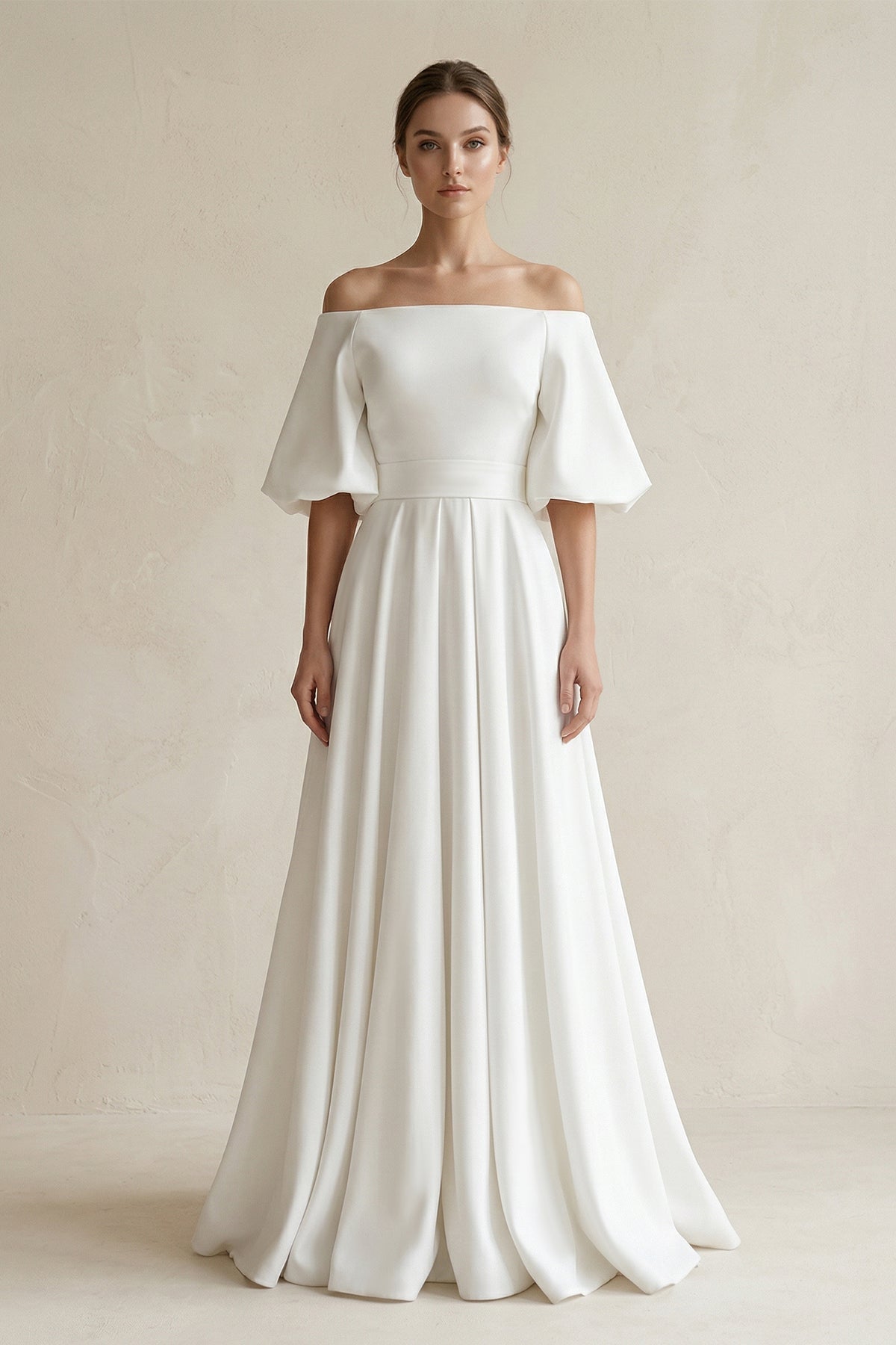 Robe de mariée blanche trapèze en satin à épaules dénudées manches courtes - Harana