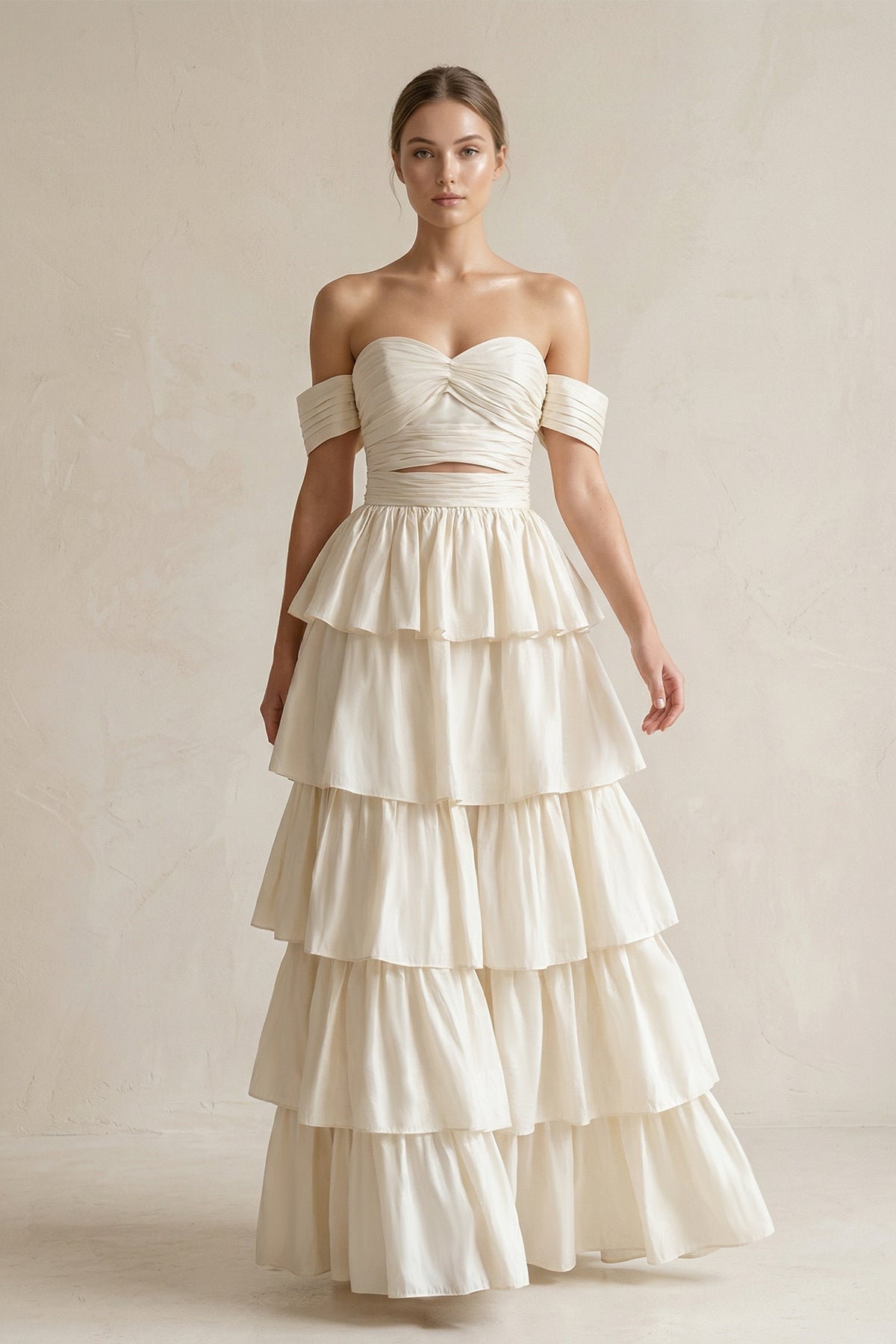 Robe de mariée ivoire trapèze en mousseline à épaules dénudées sans manches - Harana