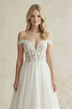 Robe de mariée blanche trapèze en dentelle à épaules dénudées à corset - Harana
