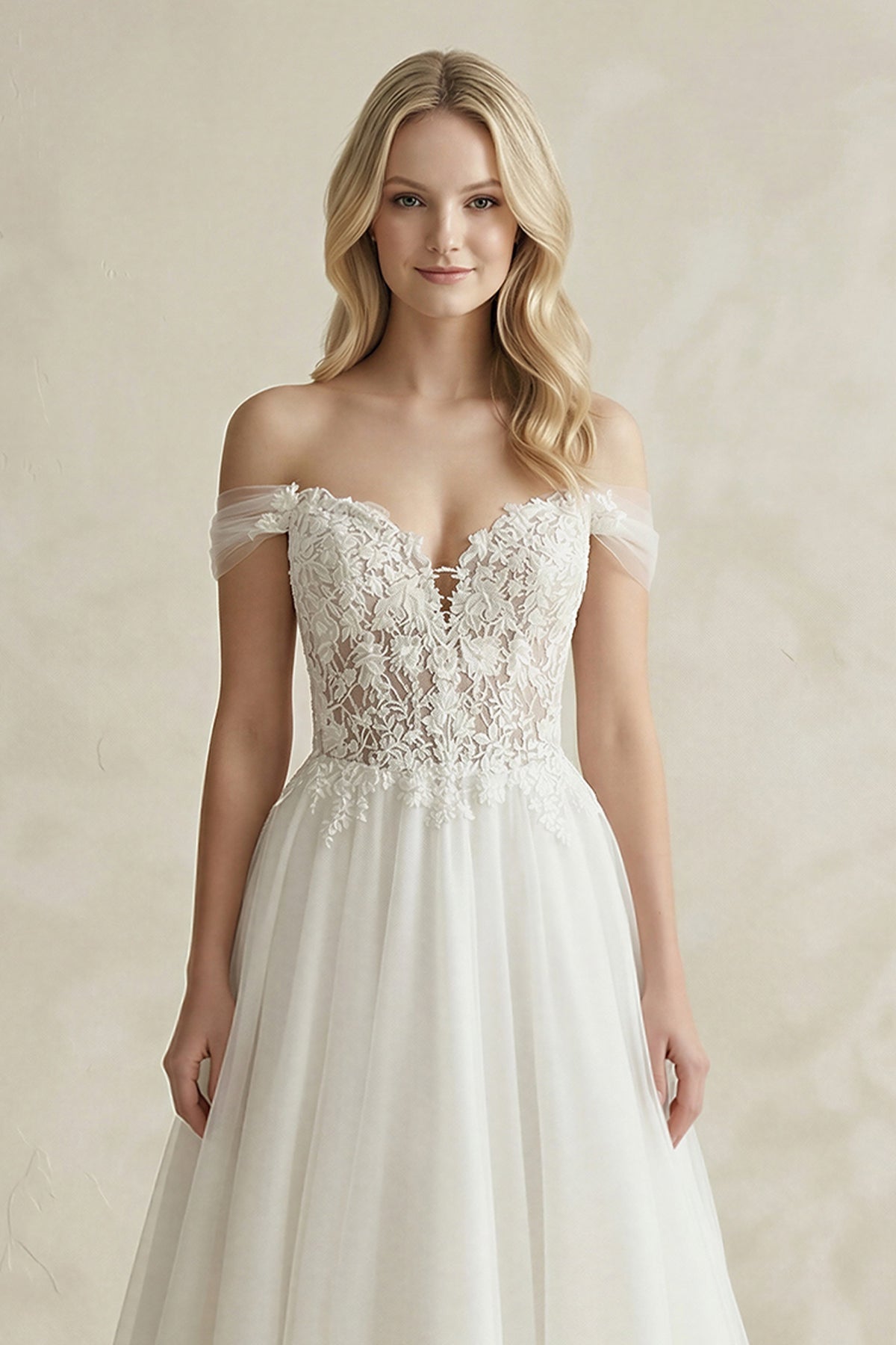 Robe de mariée blanche trapèze en dentelle à épaules dénudées à corset - Harana