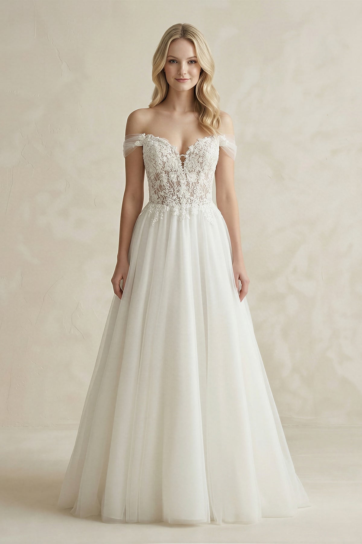 Robe de mariée blanche trapèze en dentelle à épaules dénudées à corset - Harana