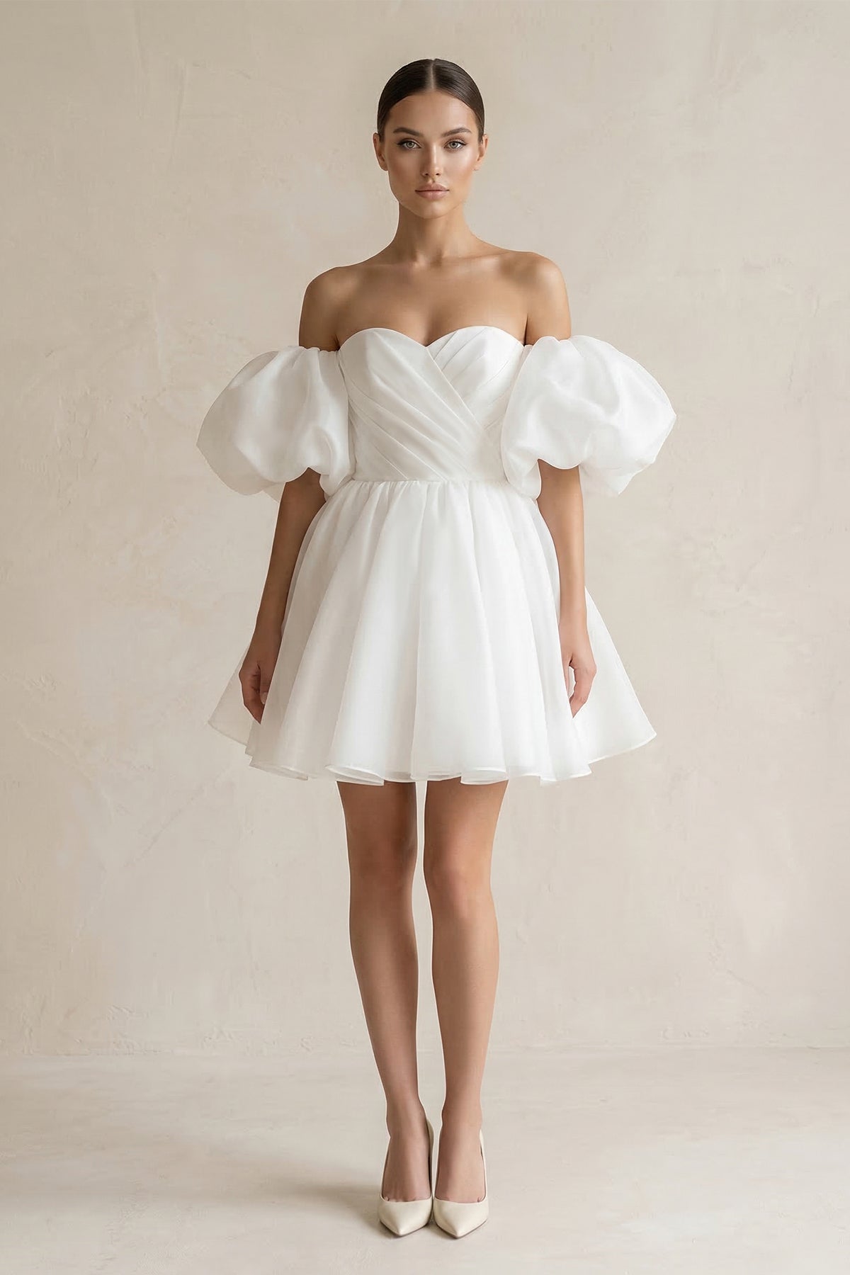 Robe de mariée courte blanc en tulle à épaules dénudées sans manches - Harana