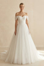 Robe de mariée blanche trapèze en dentelle à épaules dénudées sans manches - Harana