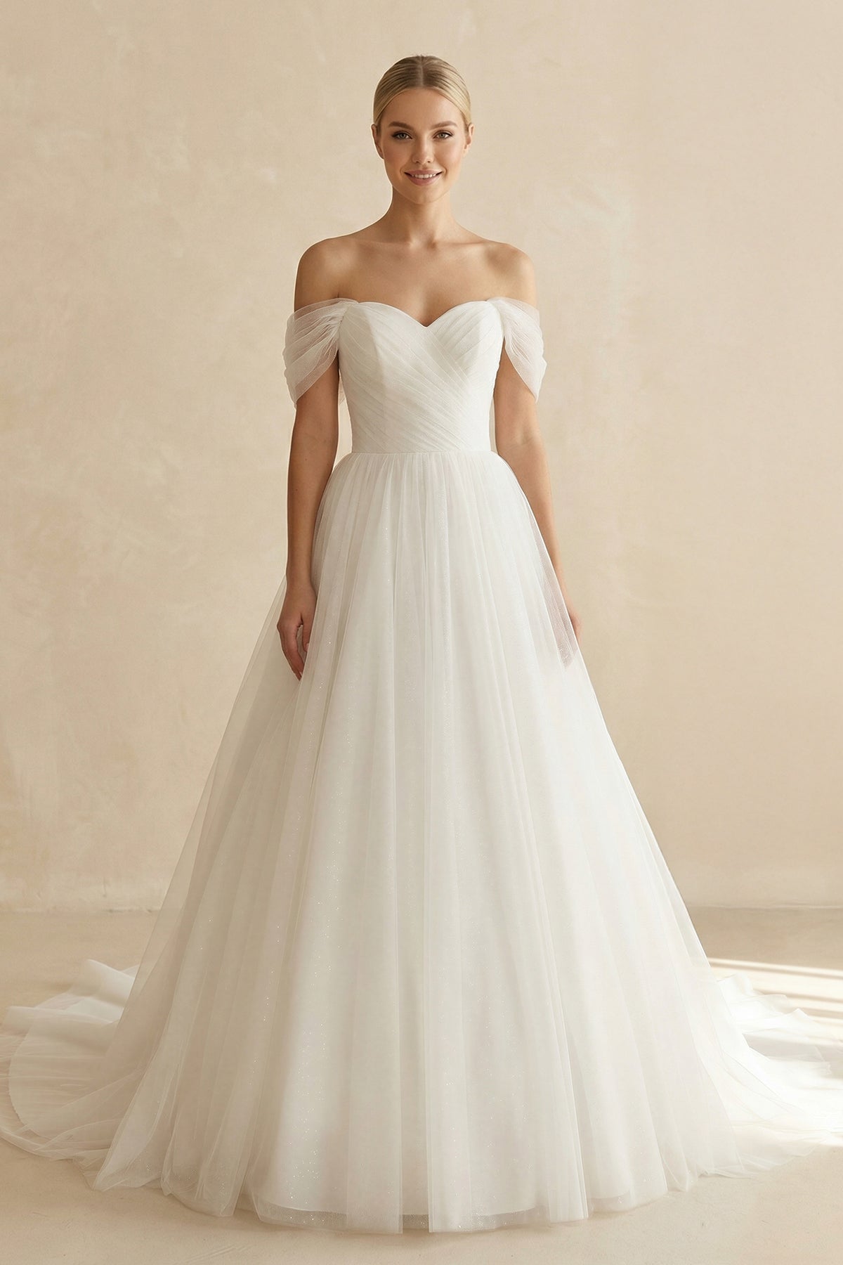 Robe de mariée blanche trapèze en dentelle à épaules dénudées sans manches - Harana