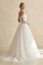 Robe de mariée blanche trapèze en dentelle à épaules dénudées sans manches - Harana