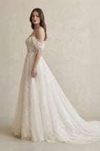 Robe de mariée ivoire trapèze en tulle à épaules dénudées manches courtes - Harana