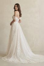 Robe de mariée ivoire trapèze en tulle à épaules dénudées manches courtes - Harana
