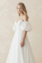 Robe de mariée blanche trapèze en tulle à épaules dénudées sans manches - Harana