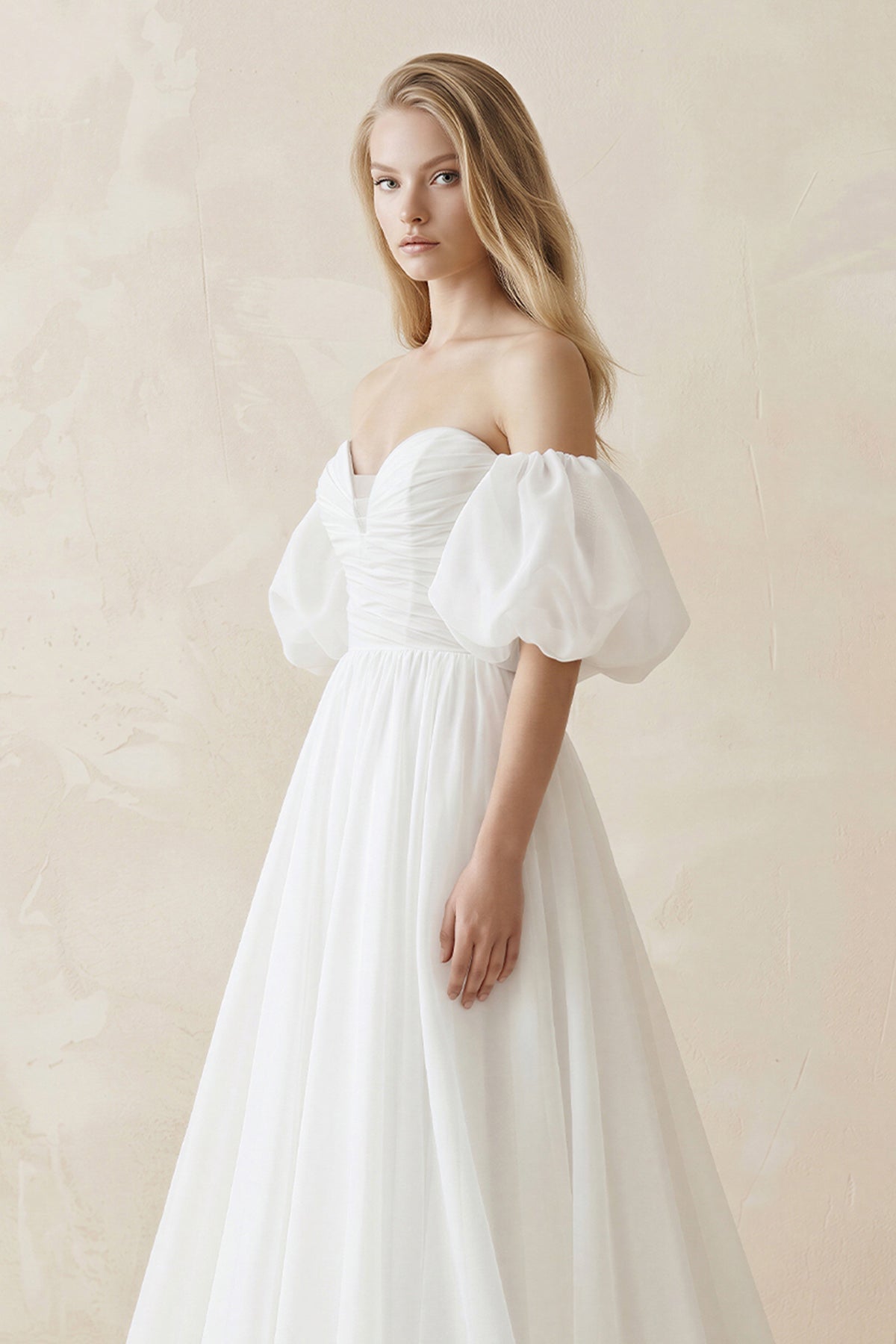 Robe de mariée blanche trapèze en tulle à épaules dénudées sans manches - Harana