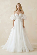 Robe de mariée blanche trapèze en tulle à épaules dénudées sans manches - Harana