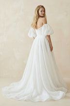 Robe de mariée blanche trapèze en tulle à épaules dénudées sans manches - Harana