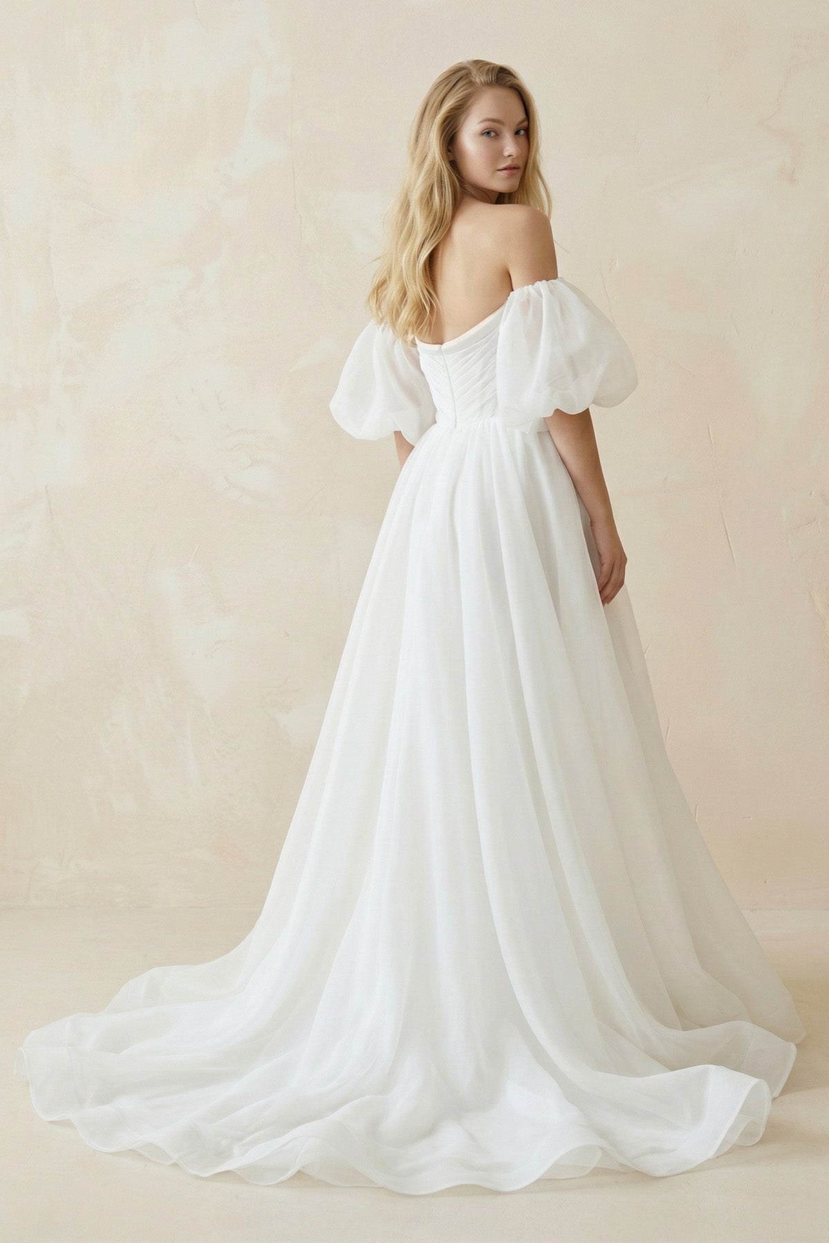 Robe de mariée blanche trapèze en tulle à épaules dénudées sans manches - Harana
