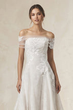 Robe de mariée blanche trapèze en dentelle à épaules dénudées manches courtes - Harana
