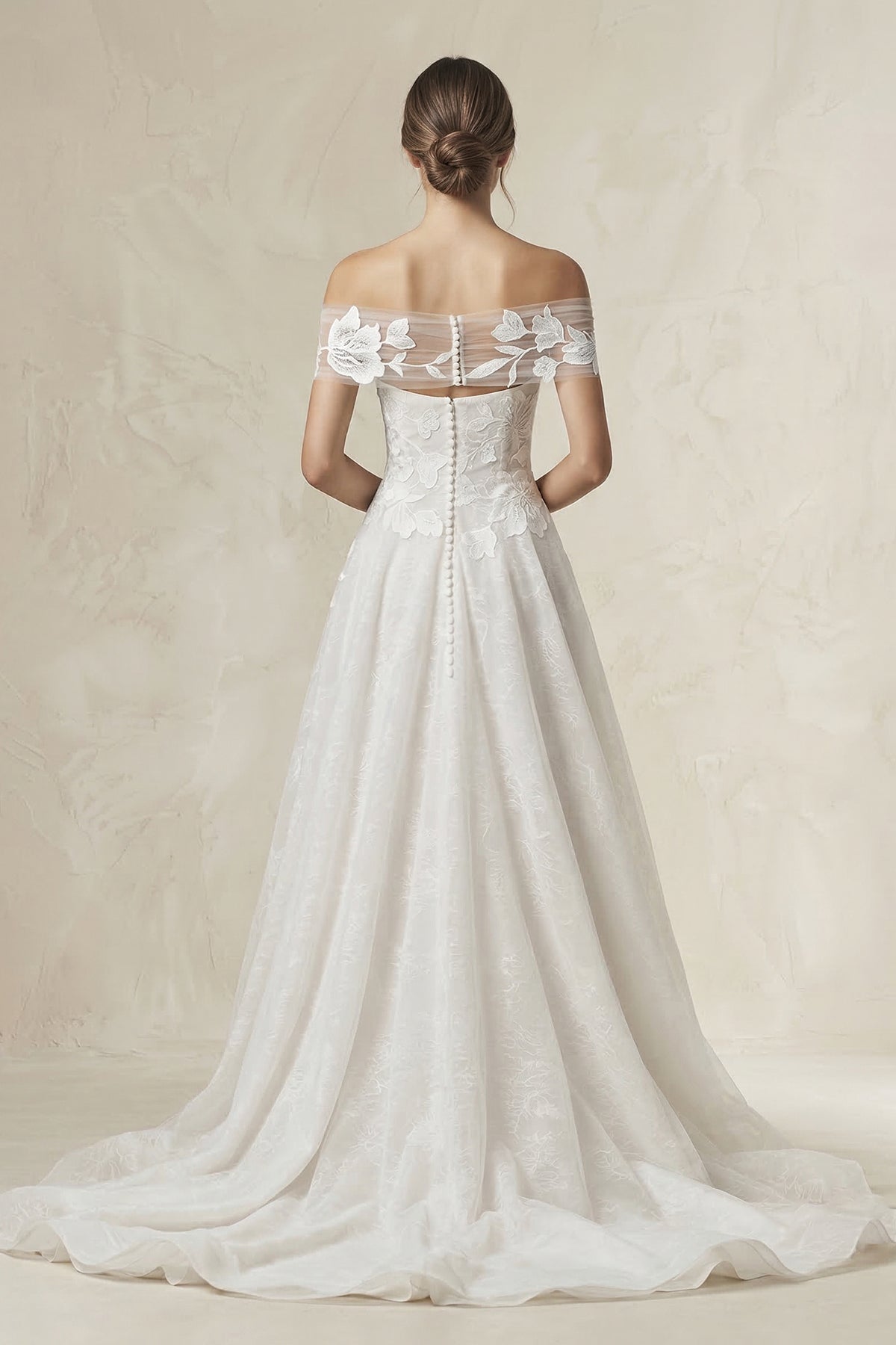 Robe de mariée blanche trapèze en dentelle à épaules dénudées manches courtes - Harana