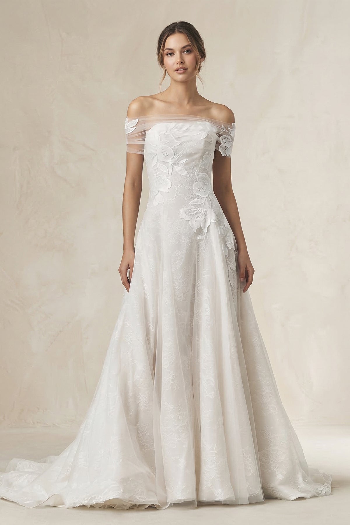 Robe de mariée blanche trapèze en dentelle à épaules dénudées manches courtes - Harana
