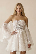 Robe de mariée ivoire trapèze en dentelle à épaules dénudées bustier - Harana