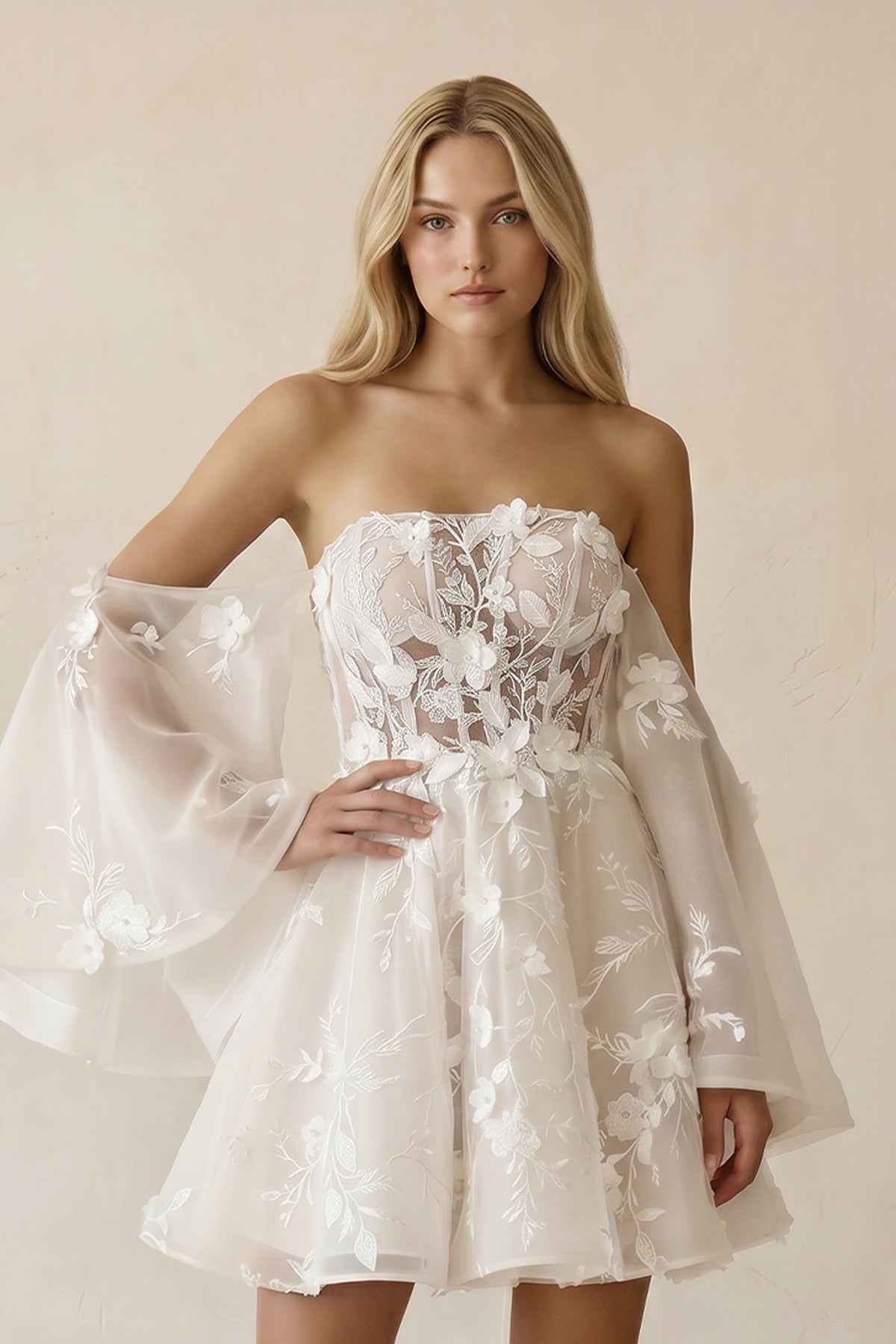 Robe de mariée ivoire trapèze en dentelle à épaules dénudées bustier - Harana