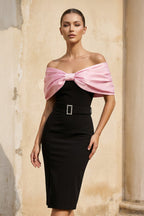 Robe midi black & pink à épaules dénudées avec nœud - Harana