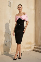 Robe midi black & pink à épaules dénudées avec nœud - Harana