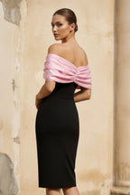 Robe midi black & pink à épaules dénudées avec nœud - Harana