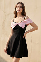 Robe courte black & pink à épaules dénudées avec nœud - Harana