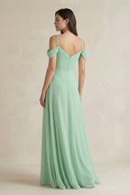 Robe demoiselle d’honneur pale pistachio longue à épaules dénudées à fines bretelles avec fente - Harana