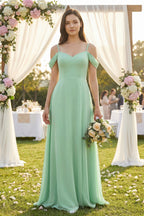 Robe demoiselle d’honneur pale pistachio longue à épaules dénudées à fines bretelles avec fente - Harana