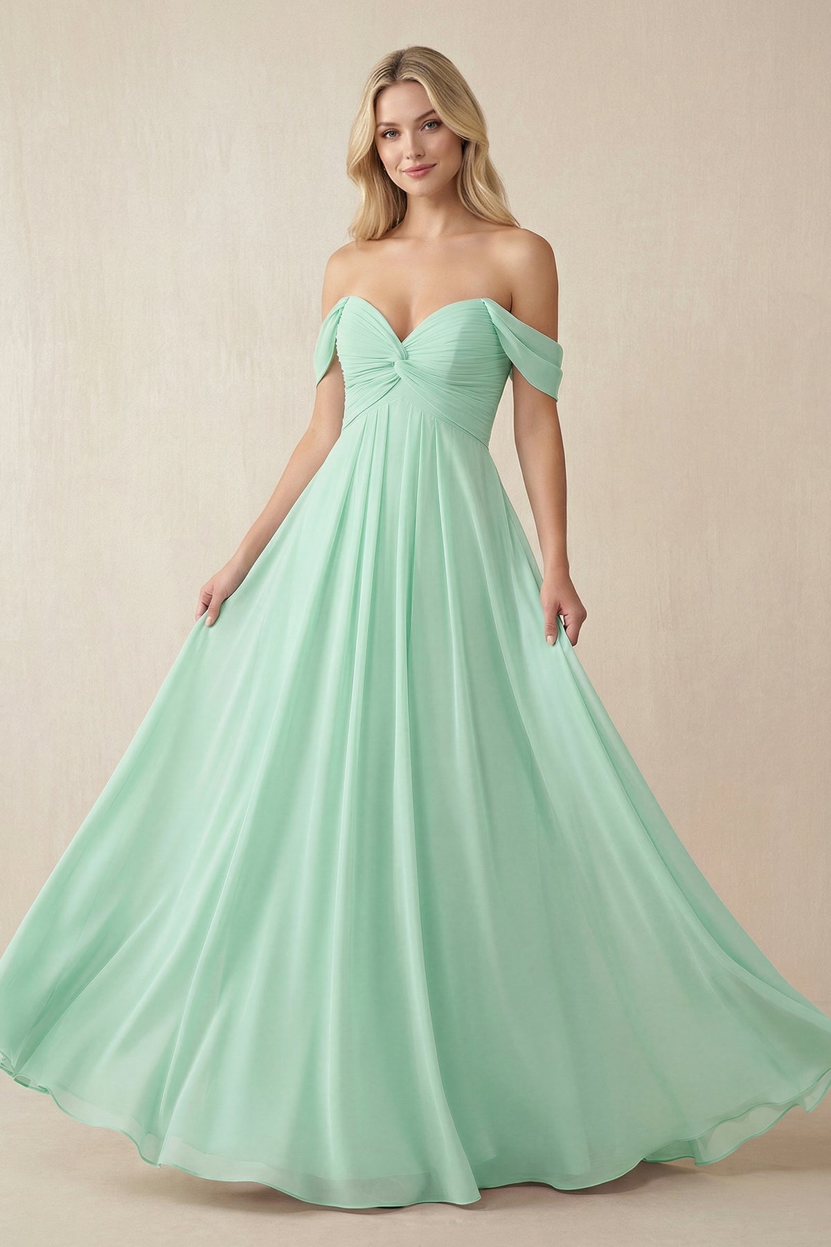 Robe demoiselle d’honneur pale pistachio longue à épaules dénudées sans manches plissée - Harana