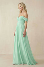 Robe demoiselle d’honneur pale pistachio longue à épaules dénudées sans manches plissée - Harana