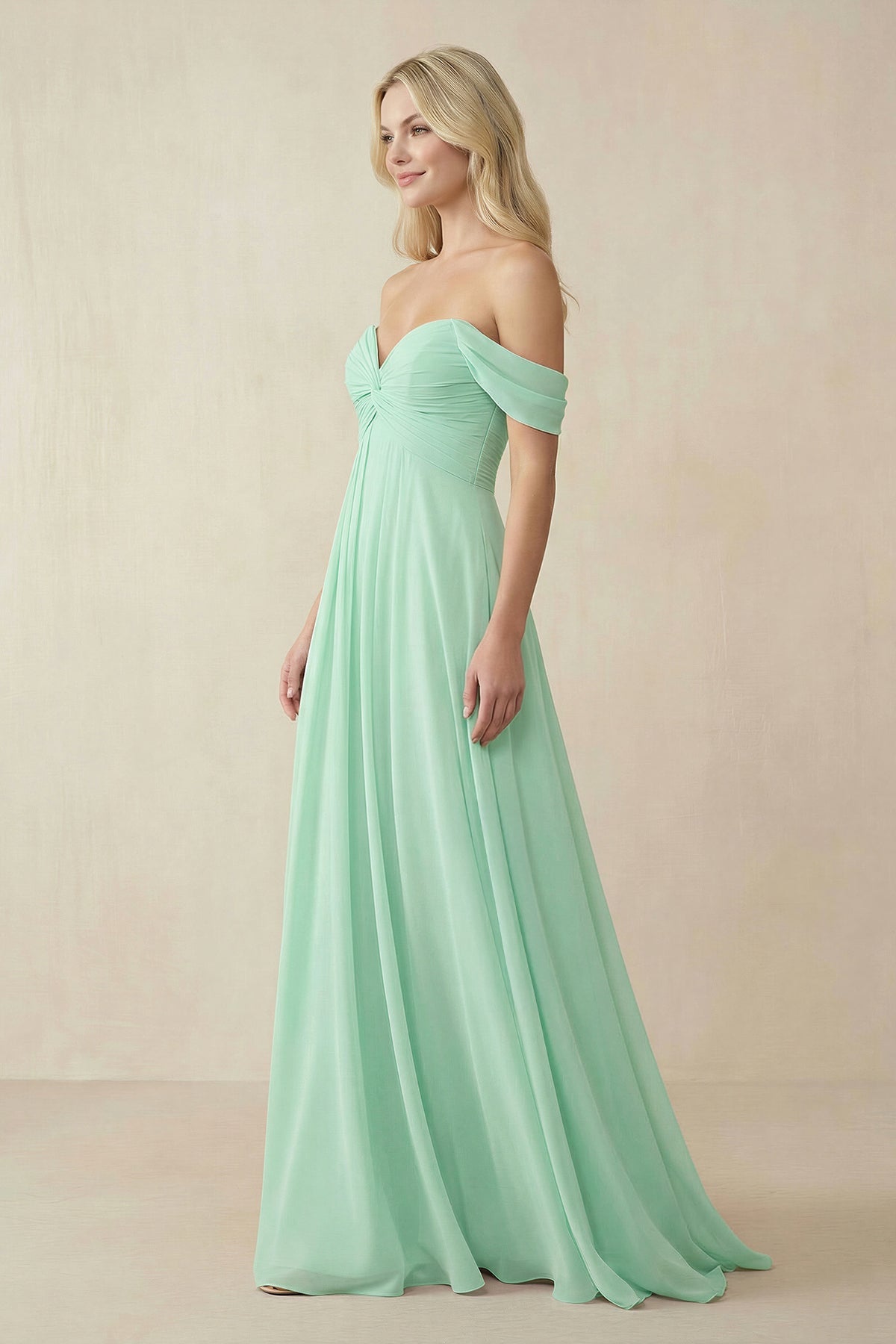 Robe demoiselle d’honneur pale pistachio longue à épaules dénudées sans manches plissée - Harana