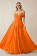 Robe longue orange en mousseline coupe trapèze à épaules dénudées - Harana