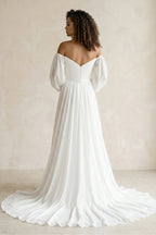 Robe de mariée blanche trapèze en mousseline à épaules dénudées manches longues - Harana