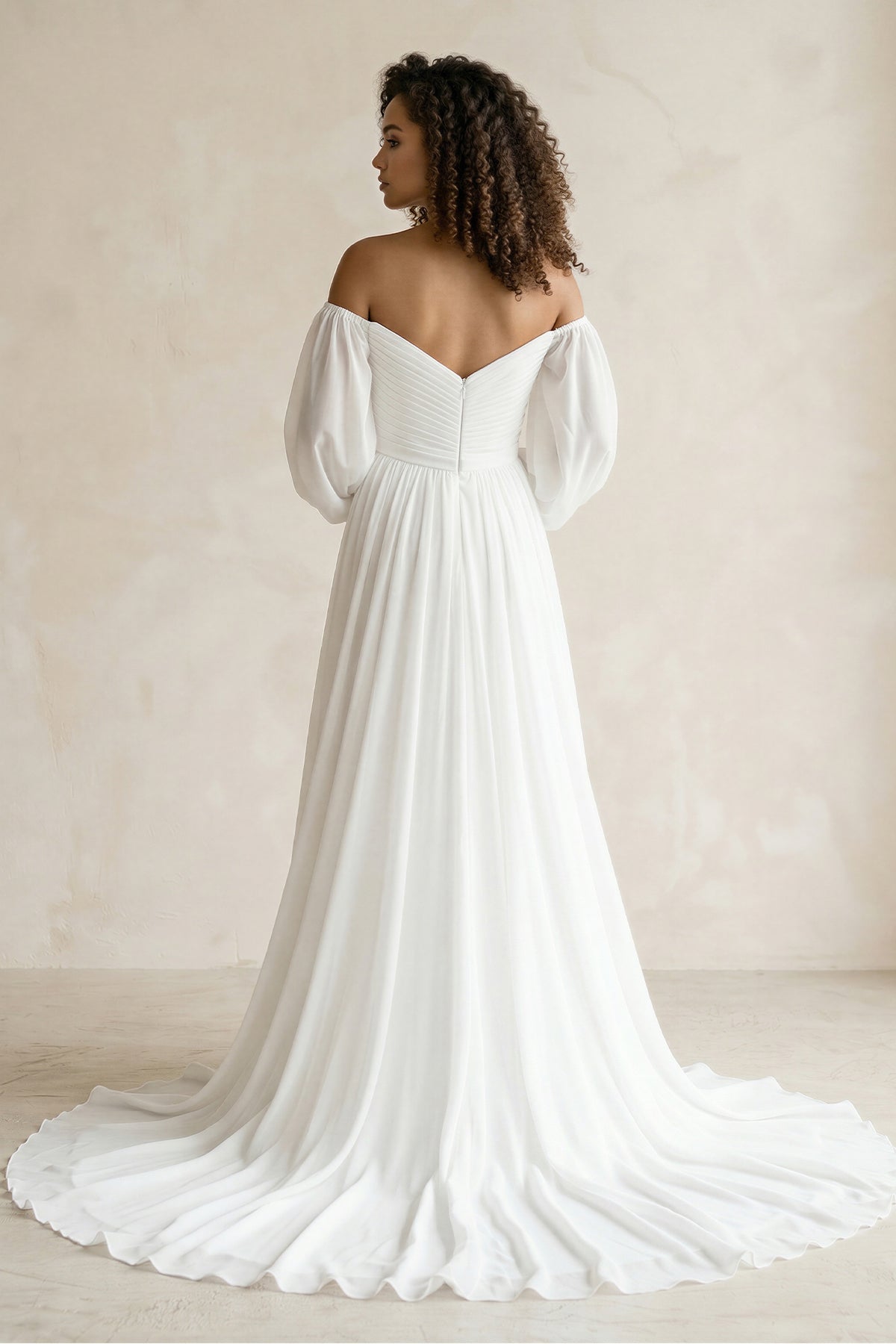 Robe de mariée blanche trapèze en mousseline à épaules dénudées manches longues - Harana