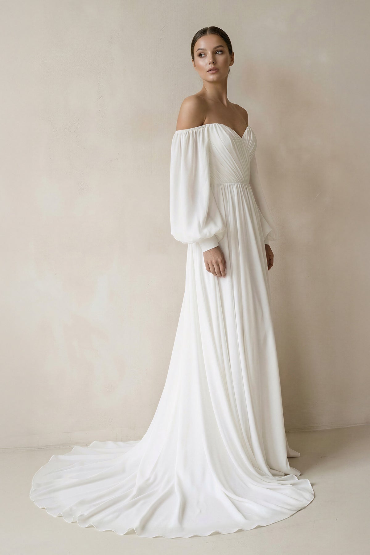 Robe de mariée blanche trapèze mousseline manches longues - Harana