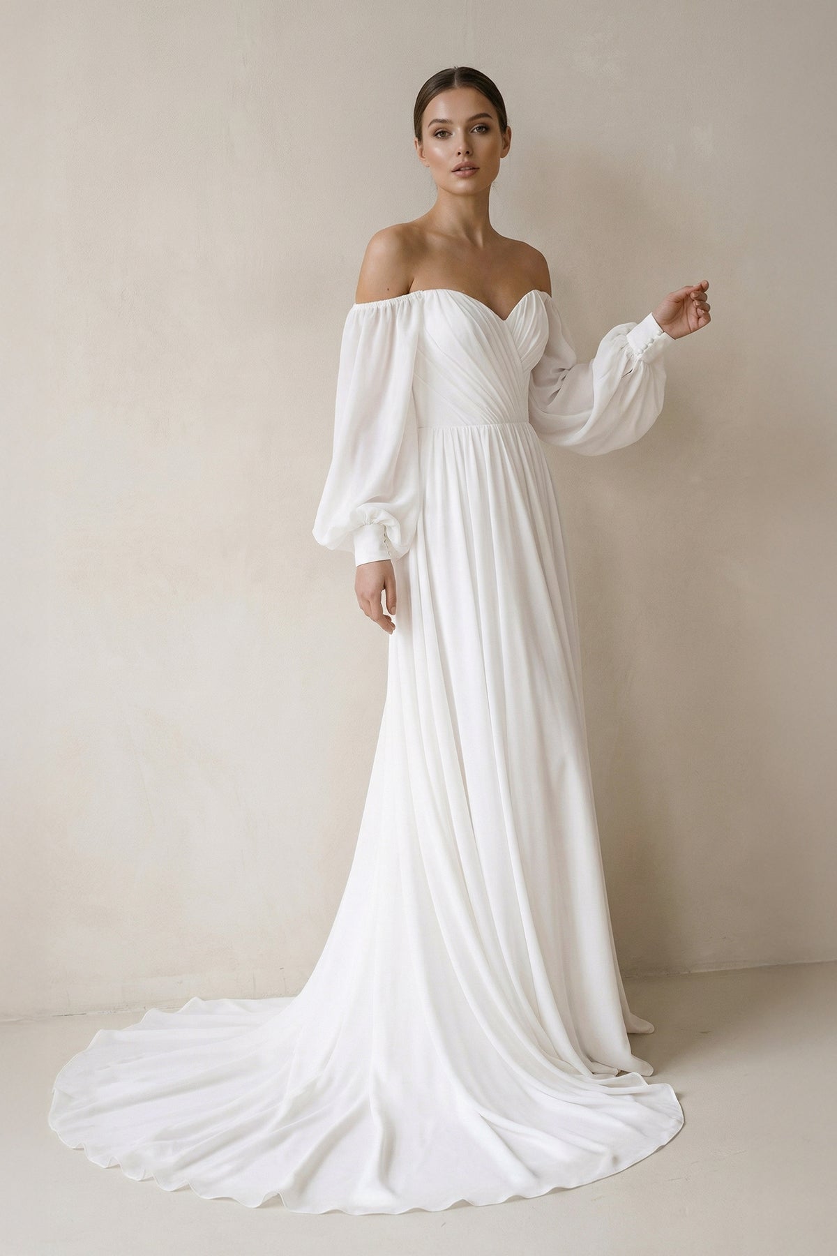Robe de mariée blanche trapèze mousseline manches longues - Harana