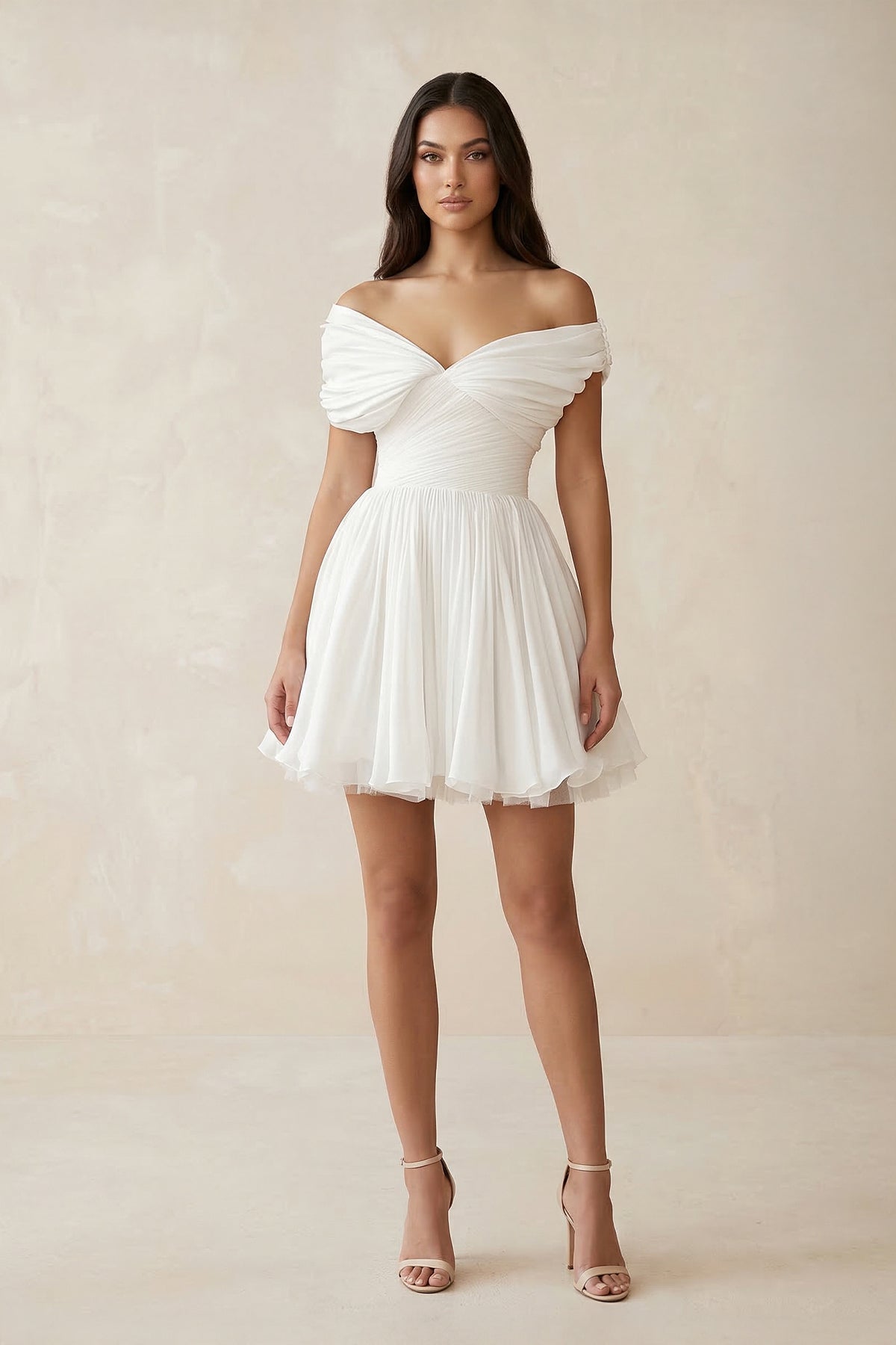 Robe de mariée ivoire trapèze en mousseline à épaules dénudées plissée - Harana