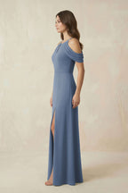Robe demoiselle d’honneur neptune longue à épaules dénudées avec fente effet drapé - Harana