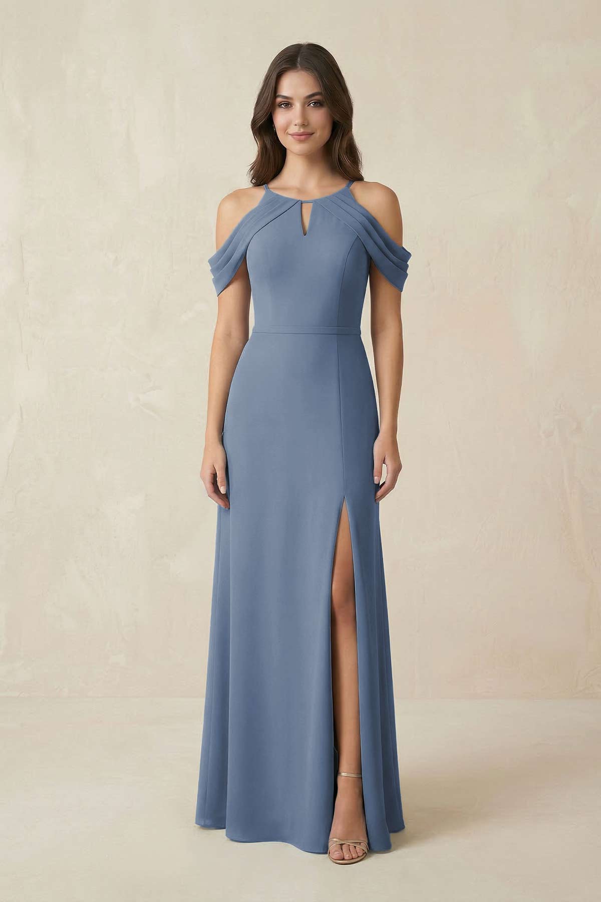 Robe demoiselle d’honneur neptune longue à épaules dénudées avec fente effet drapé - Harana