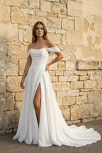 Robe de mariée blanche trapèze en mousseline à épaules dénudées avec fente - Harana