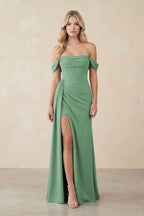 Robe demoiselle d’honneur vert d’eau longue à épaules dénudées avec fente froncée - Harana