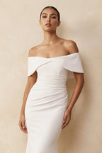 Robe de mariée blanche en crêpe coupe sirène à épaules dénudées - Harana