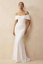Robe de mariée blanche en crêpe coupe sirène à épaules dénudées - Harana