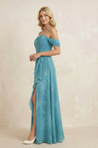 Robe demoiselle d’honneur adriatic blue longue à épaules dénudées manches courtes avec fente - Harana