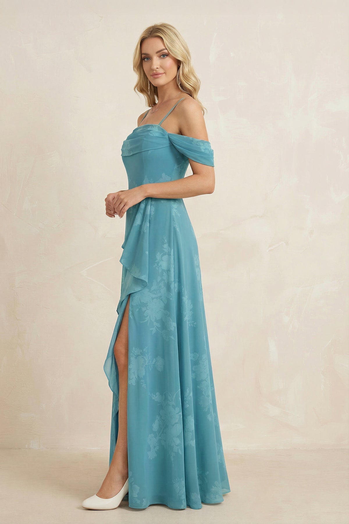 Robe demoiselle d’honneur adriatic blue longue à épaules dénudées manches courtes avec fente - Harana