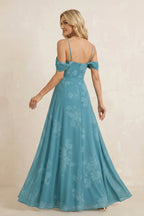 Robe demoiselle d’honneur adriatic blue longue à épaules dénudées manches courtes avec fente - Harana