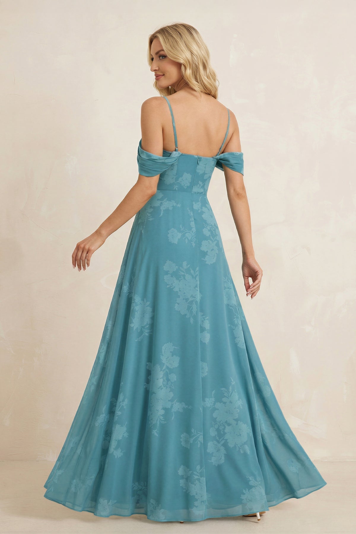 Robe demoiselle d’honneur adriatic blue longue à épaules dénudées manches courtes avec fente - Harana