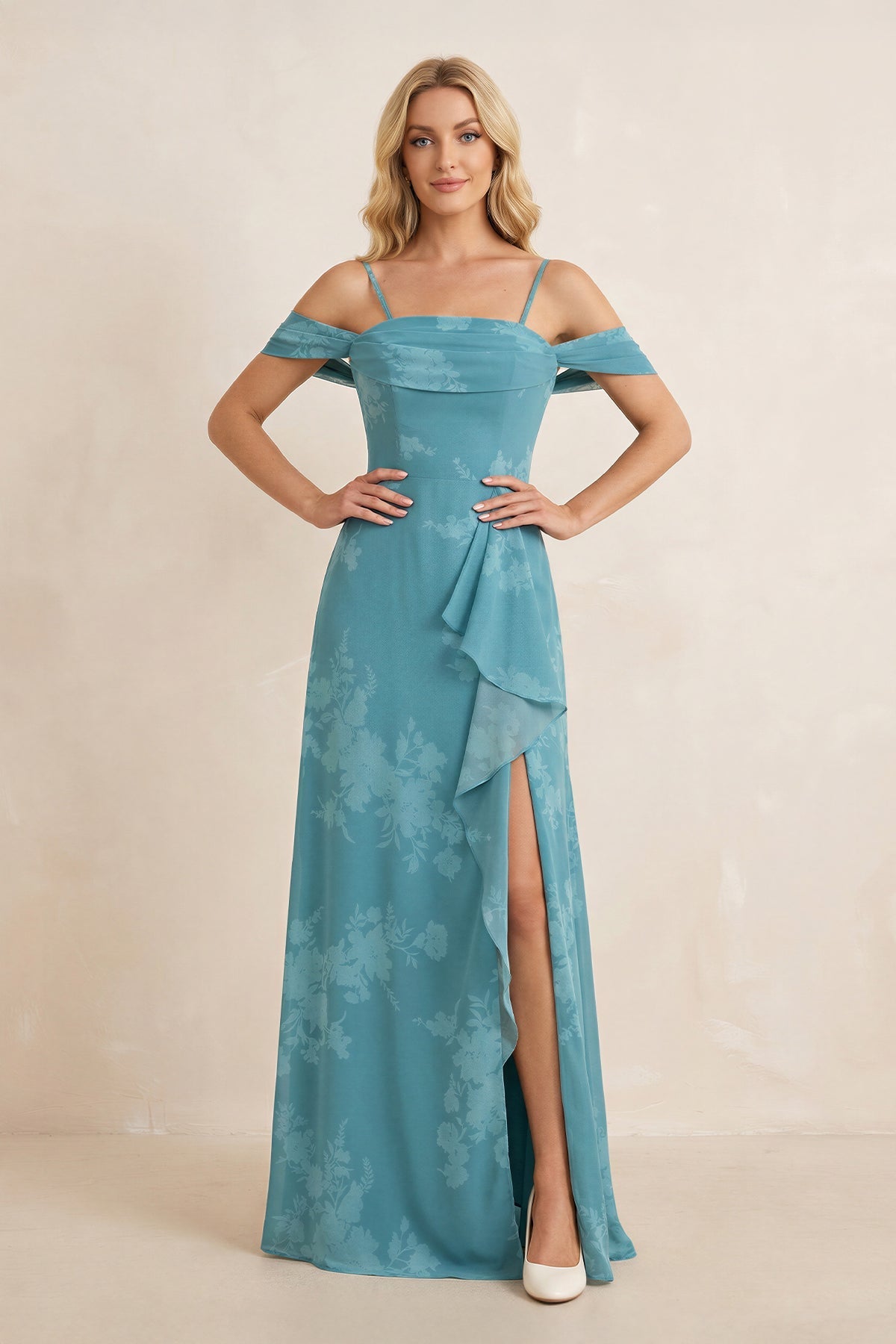 Robe demoiselle d’honneur adriatic blue longue à épaules dénudées manches courtes avec fente - Harana