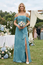 Robe demoiselle d’honneur adriatic blue longue à épaules dénudées manches courtes avec fente - Harana